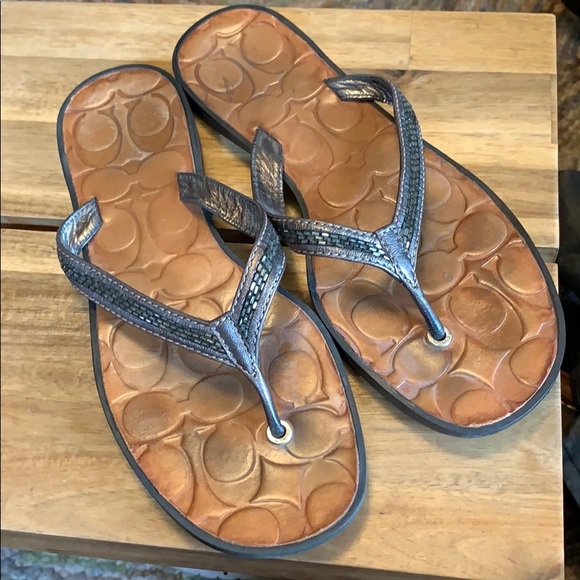 Coach Shoes - Coach pewter beaded Laurel flip flops
